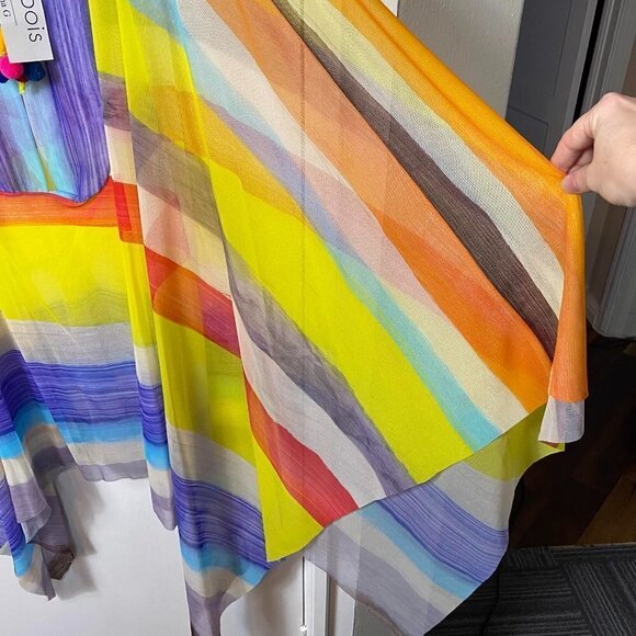 Petit Pois Viviana G Sheer Mesh Poncho XS | Striped Beaded Pom Pom Boho Top - Picture 9 of 11